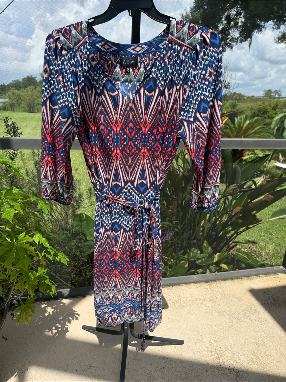 AUW Navy and Coral Aztec-Print Wrap Midi Dress
